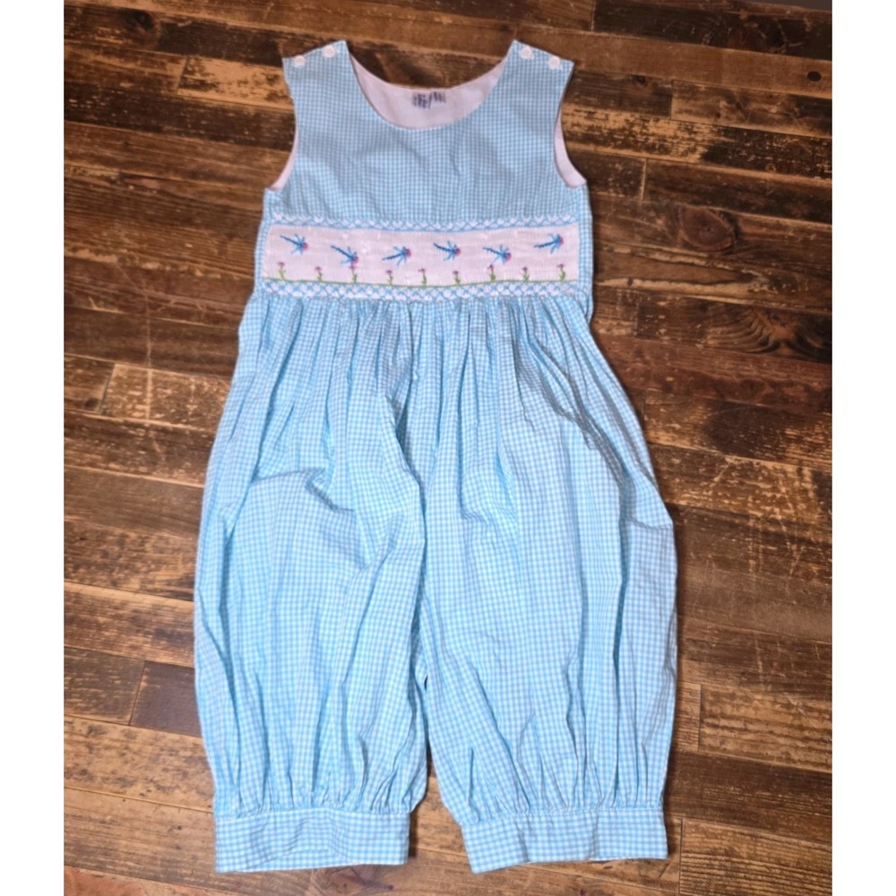 VTG Orient Express Little Girls Blue & White Romper Size 4 Smocked Dragonflies